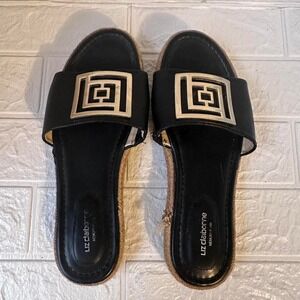 Liz Claiborne Black Gold Wedge Sandals Espadrille Platform Slides Size 9.5